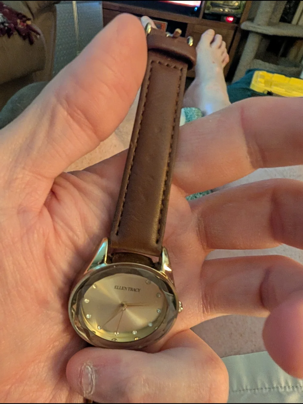 Vintage Ellen Tracy Women's Gold Dial Watch with Brown Leather Strap New Battery